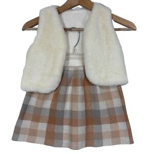 Girls Set Faux Fur Vest w/Plaid Skirt Sz S (5/6) Academia Preppy Classic Party